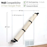 Wall-mounted cat scratcher with dimensions and compatibility details on a white background