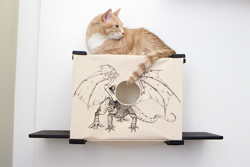 Large orange creamsicle cat lies atop an Onyx Cubby with Baby Dragon canvas.