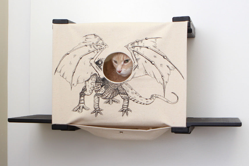 Orange creamsicle cat does his best Baby Dragon impression from Onyx Cubby with Baby Dragon canvas.