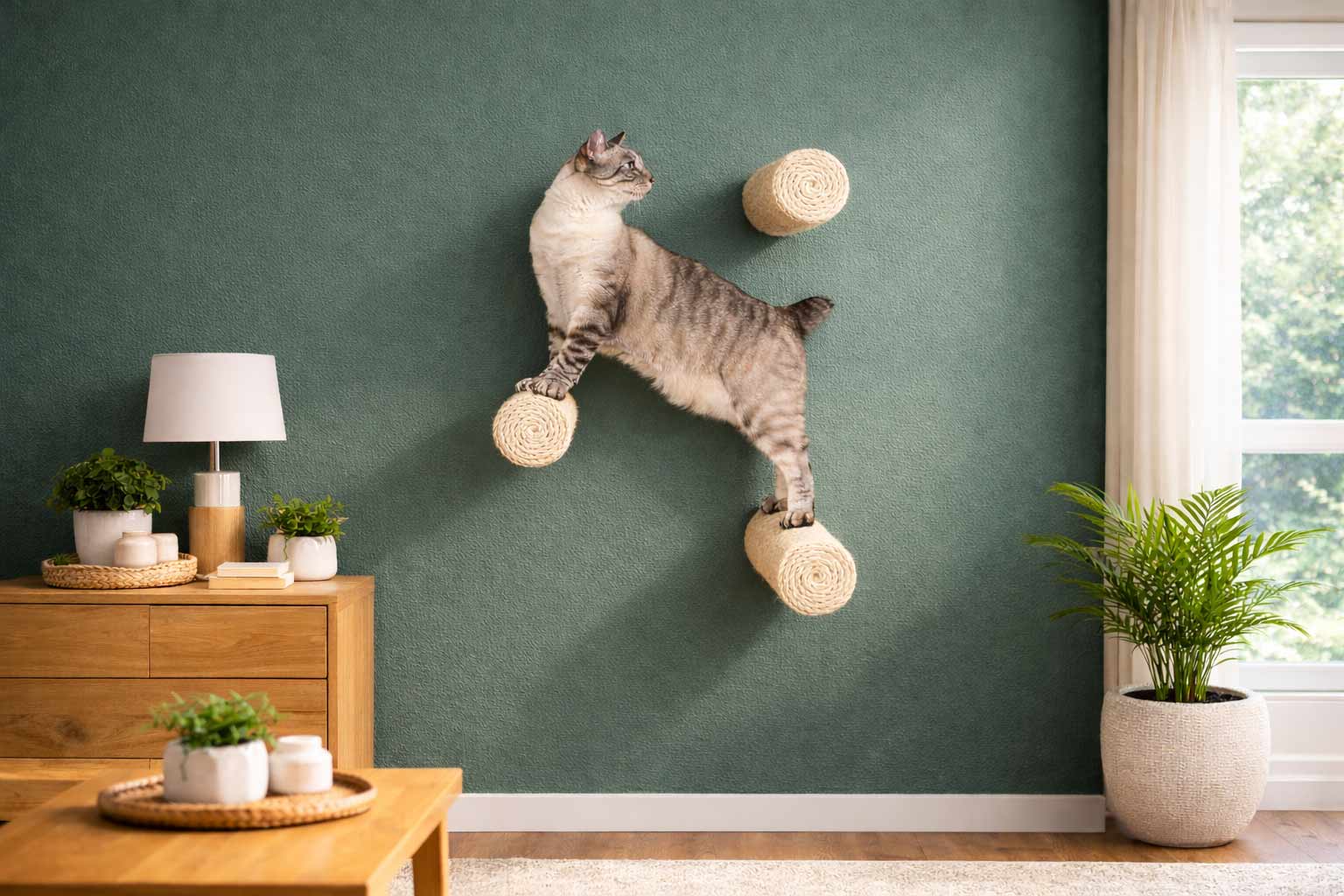 Cat climbing a wall-mounted cat tree in a room with green walls, a wooden cabinet, and plants.