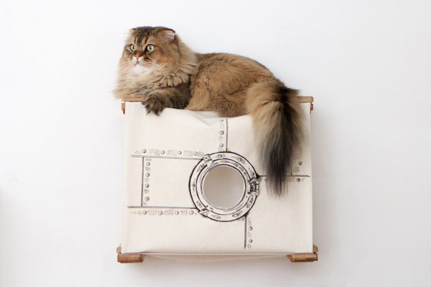 Very fluffy cat reigning over their Standard Cubby in Natural with Porthole canvas.