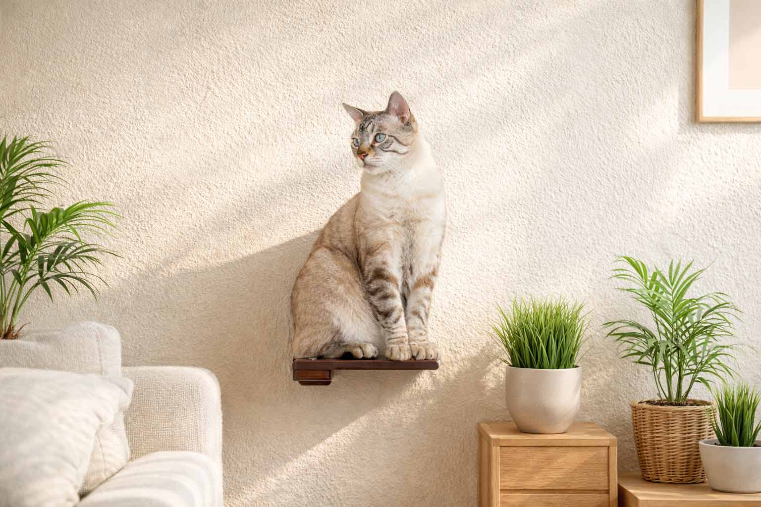 Cat sitting on a wall-mounted shelf with plants and a white sofa in the background