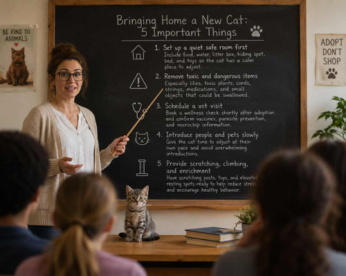 Teacher with a cat in front of a blackboard with educational content on adopting a new pet.