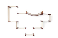 Pet climbing shelf with wooden steps and a hammock on a white background