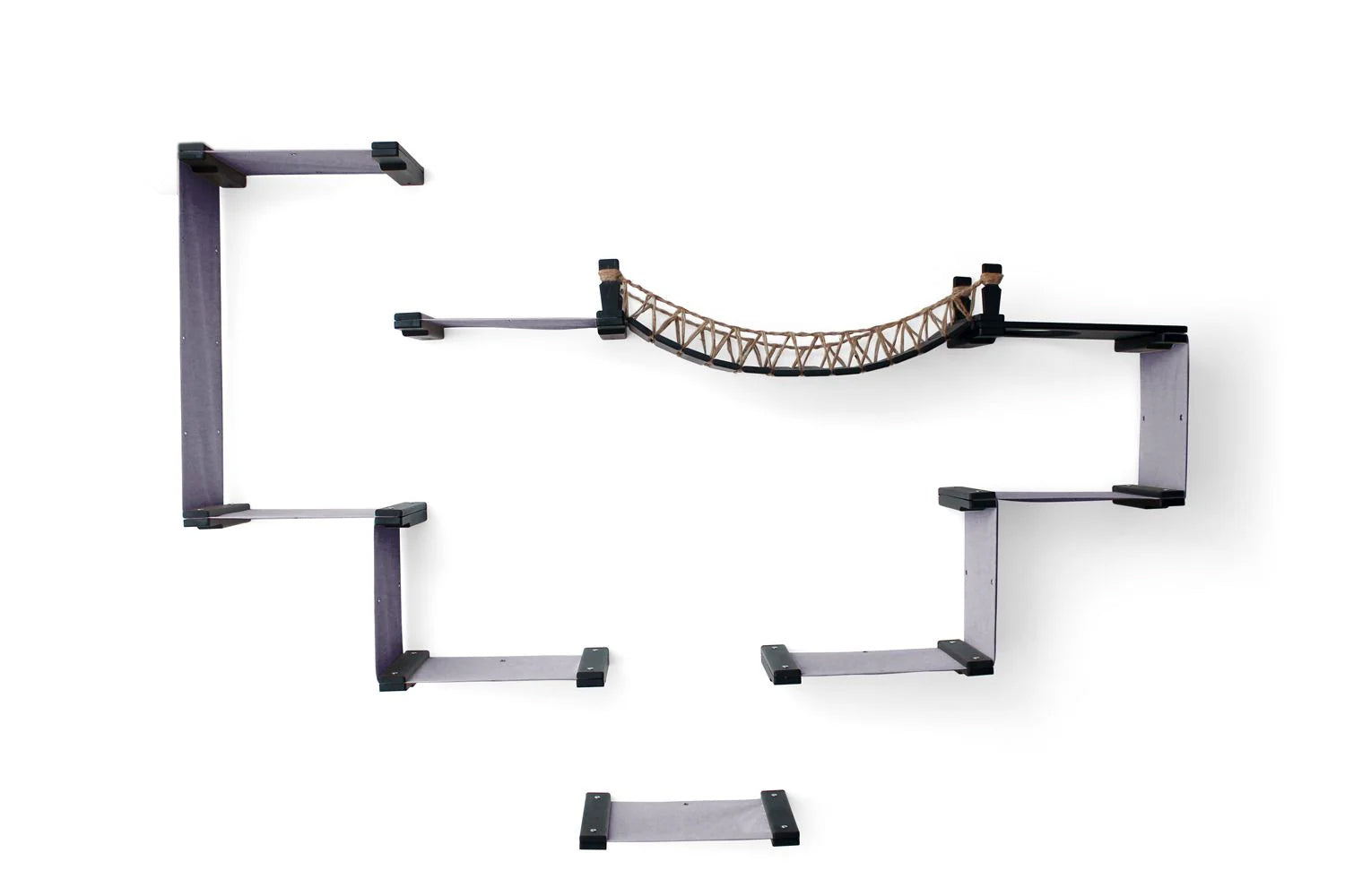 Pet play structure with multiple levels and a hammock on a white background