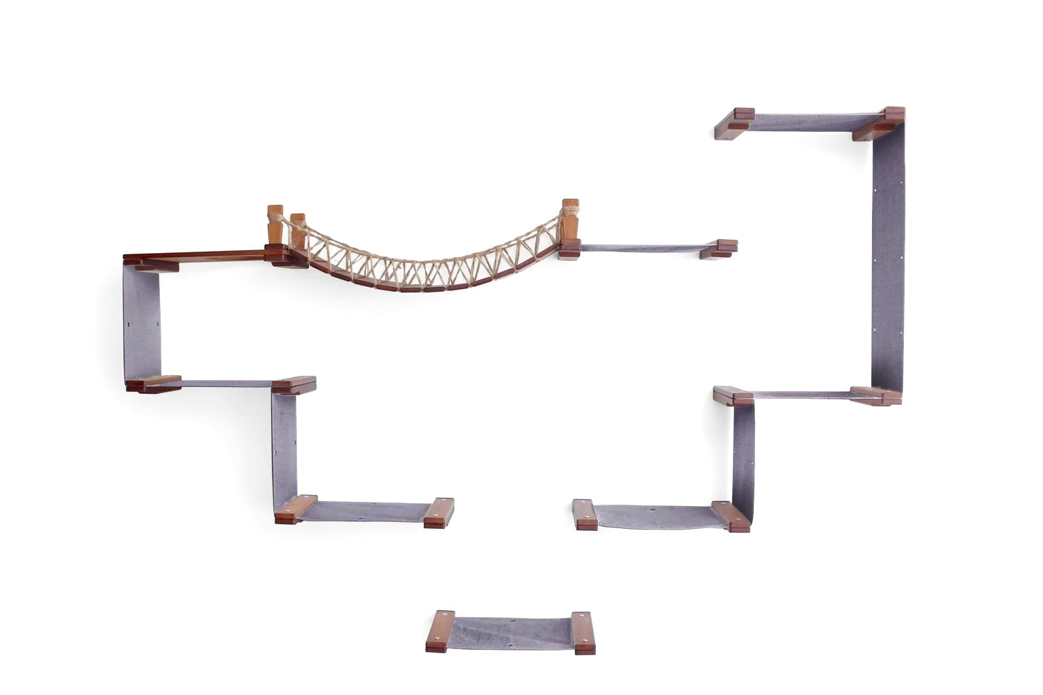 Wall-mounted cat shelf with a bridge design on a white background