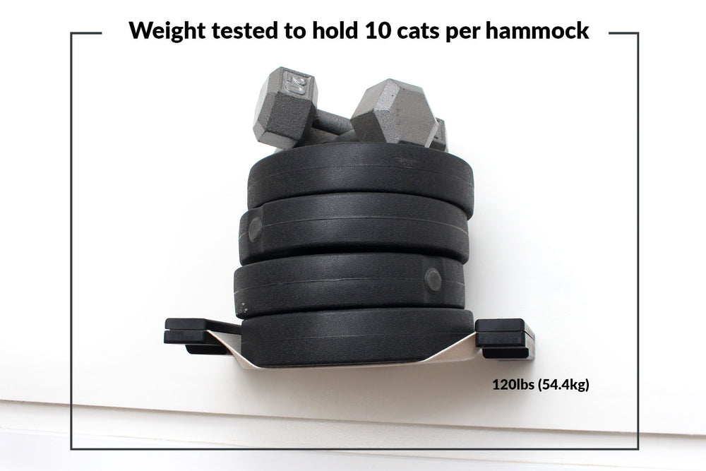 Image depicting weight capacity of hammocks. 120 pounds, or roughly 10 cats per hammock.