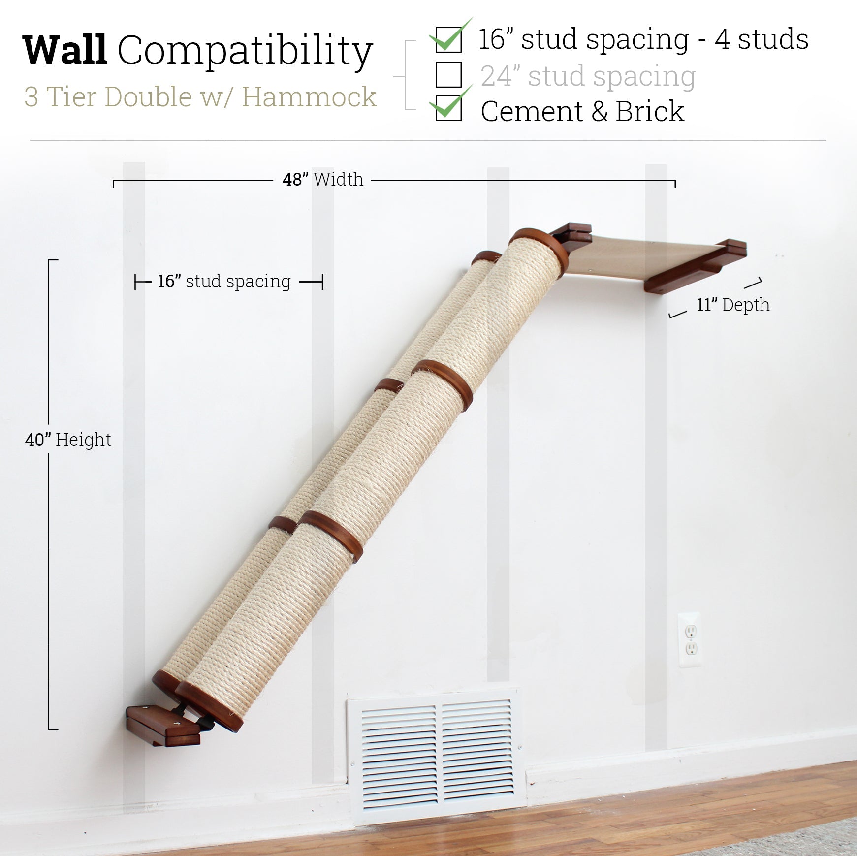 3 Tier English Chestnut Angled Pole with Natural Hammock - Double