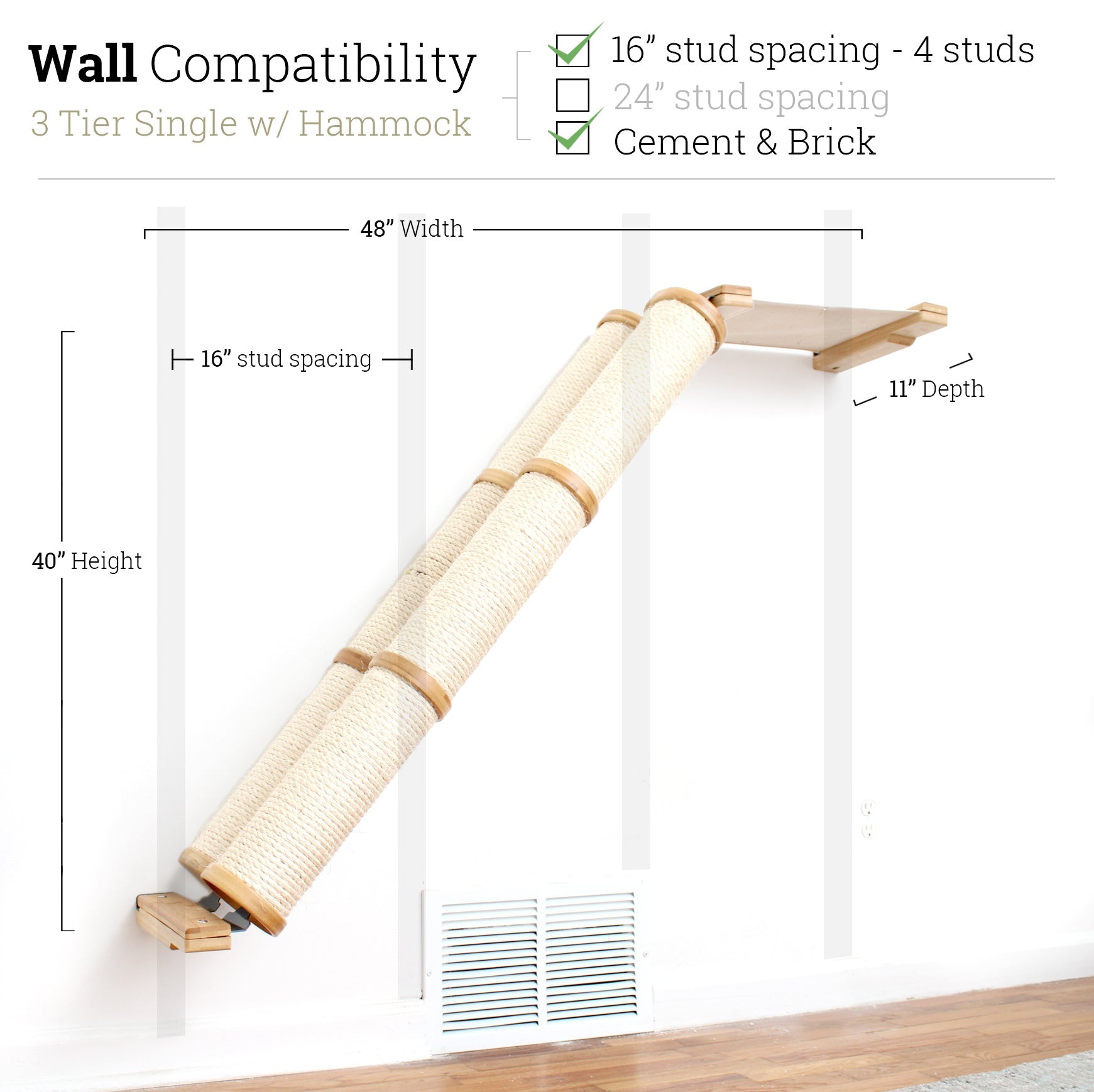 3 Tier Natural Bamboo Angled Pole with Natural Hammock - Double