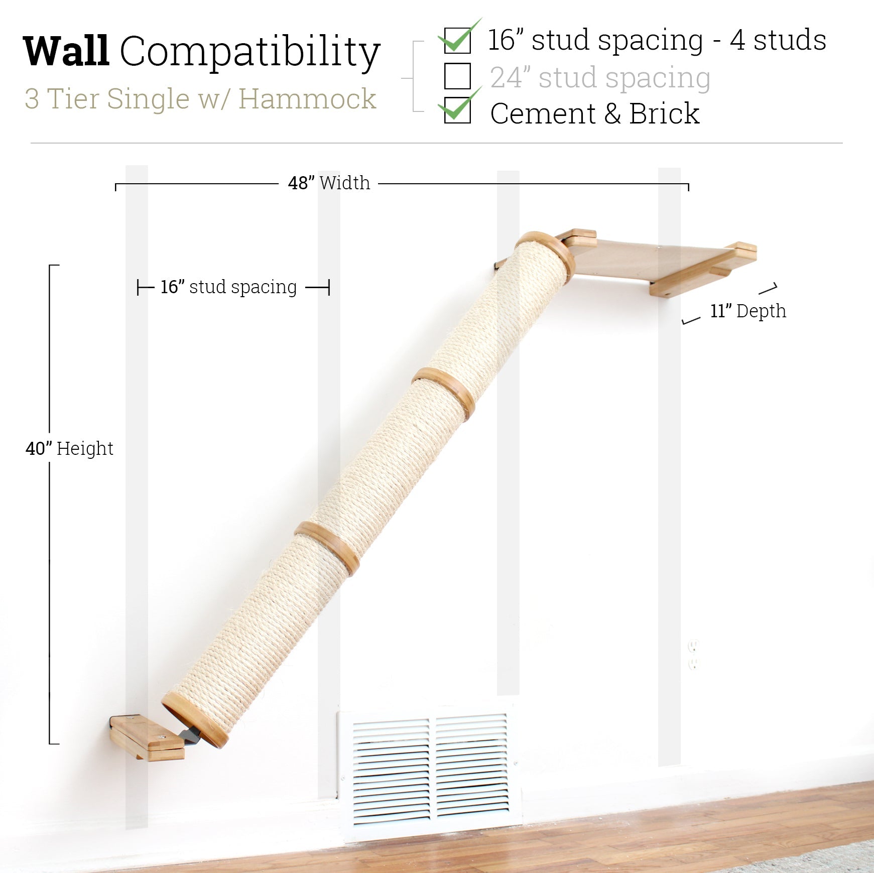 3 Tier Natural Bamboo Angled Pole with Natural Hammock - Single