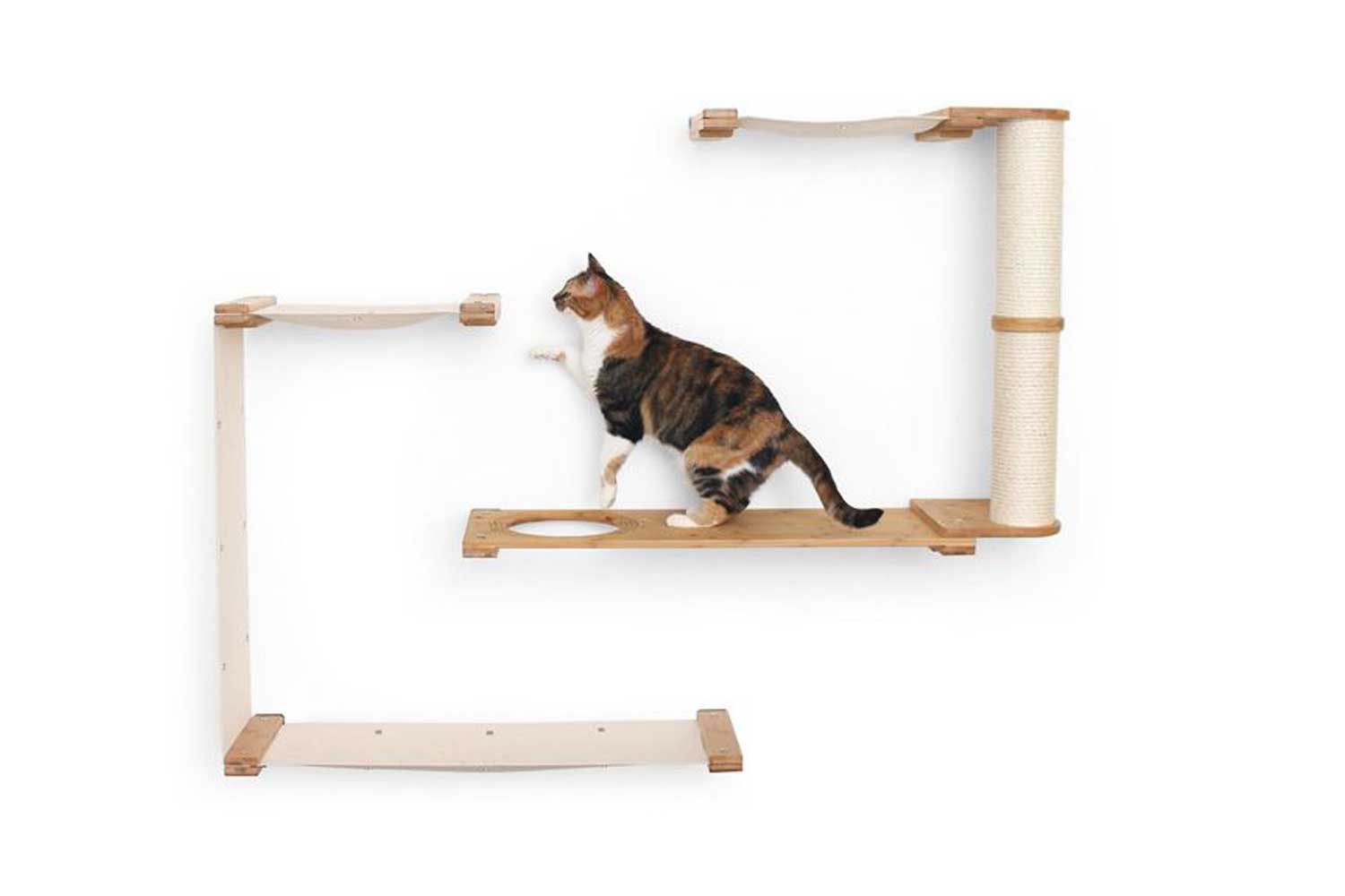 Cat reaching for hammock on the Natural bamboo Dakota Cat Condo