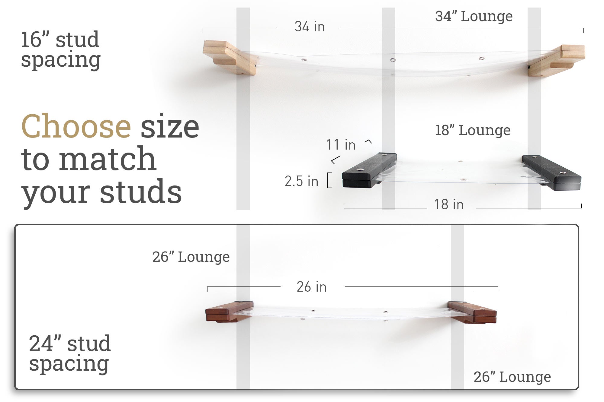 Measurements of three sizes of Cat Lounges with Invisible Hammocks