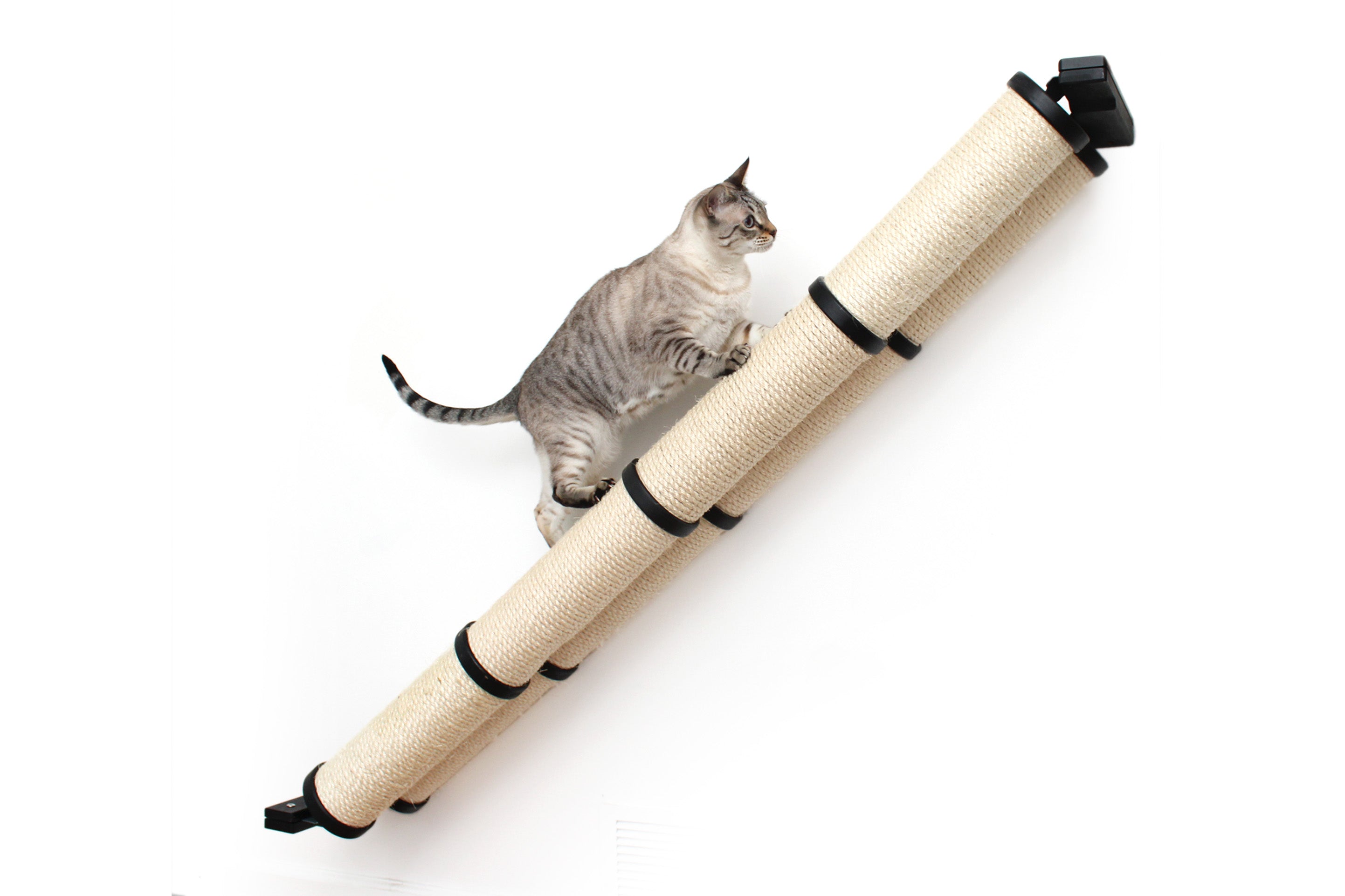cat traversing a 4-Tier double sisal pole mounted diagonally